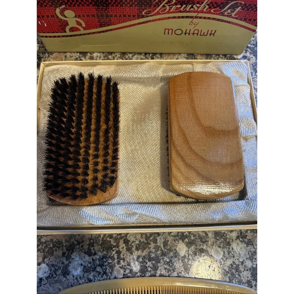 Vintage 1950s Mohawk Wooden Hair Brush & Comb Gift Set - Original Plaid Box